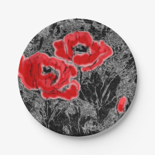 Assiettes En Carton Stylo dessiné à la main des pavots rouges fleurs f