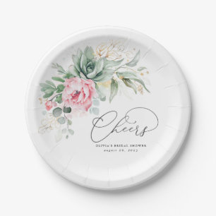 Assiettes En Carton Succulente verdure dorée Fleurs roses Cheers