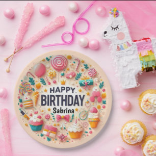 Assiettes En Carton Sucette et Cupcake de Candyland Joyeux Anniversair