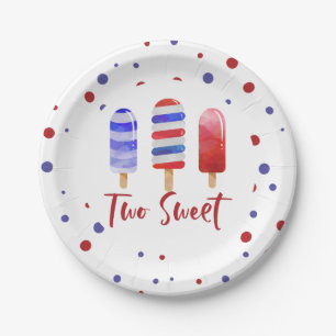 Assiettes En Carton Sucettes glacées Two Sweet Rouge Blanc Bleu 2e ann