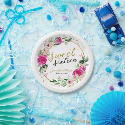 Assiettes En Carton Sucré 16 Papillon floral rose chaud (Fête)