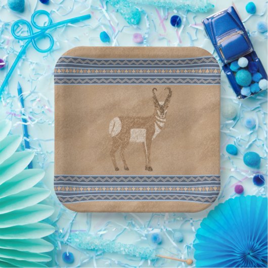 Assiettes En Carton Sud-Ouest Pronghorn Standing Antelope Bordure Bleu (Fête)
