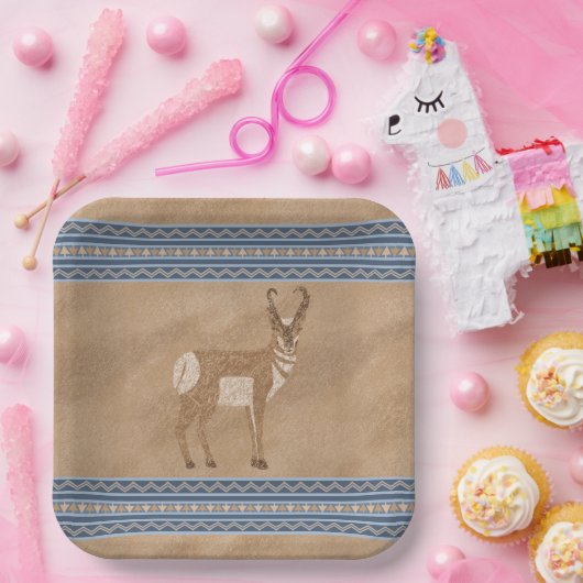 Assiettes En Carton Sud-Ouest Pronghorn Standing Antelope Bordure Bleu (Fête)