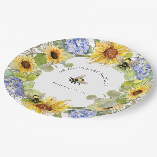 Assiettes En Carton Sunflower Bumble Bee Blue Hydrangea Baby shower (Angle)