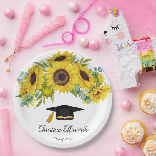 Assiettes En Carton Sunflower Class of 2024 Custom Name Graduation (Fête)