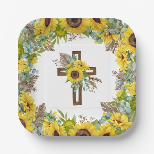 Assiettes En Carton Sunflower Eucalyptus Palm Boho Square Baptism (Recto)
