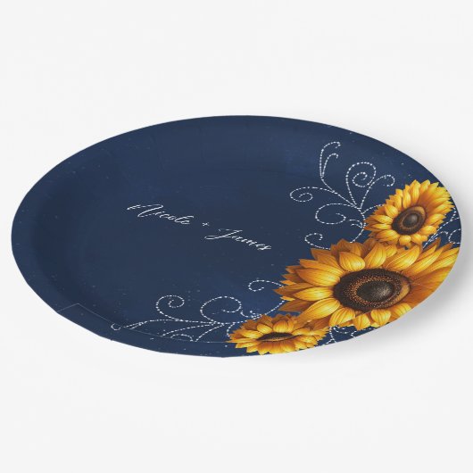 Assiettes En Carton Sunflower Sparkle Blue Rustic Glam Fête des mariée (Angle)