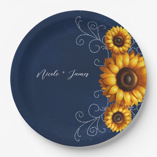 Assiettes En Carton Sunflower Sparkle Blue Rustic Glam Fête des mariée (Devant)
