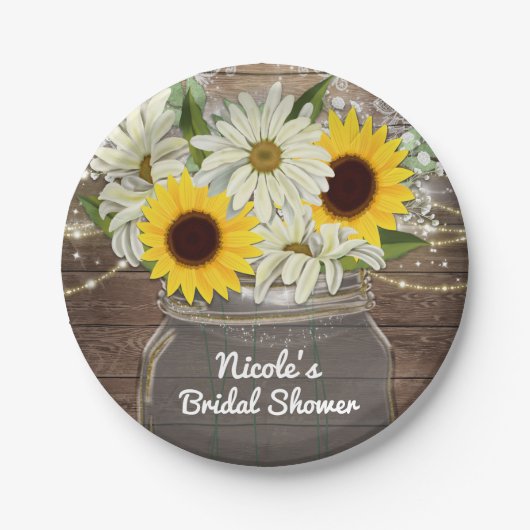 Assiettes En Carton Sunflowers & Daisy Mason Jar Sparkle Rustic Chic (Devant)