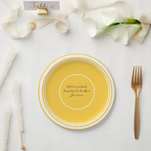 Assiettes En Carton Sunny Yellow Script Noms Mariage gâteau