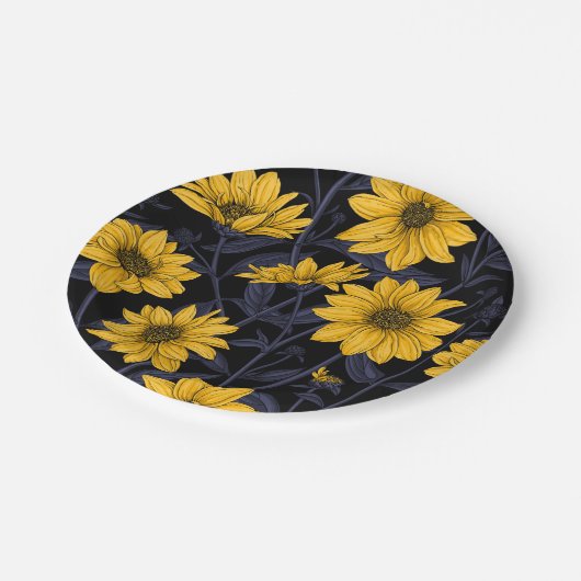Assiettes En Carton Sunroot, tournesol sauvage en jaune et bleu (Angle)
