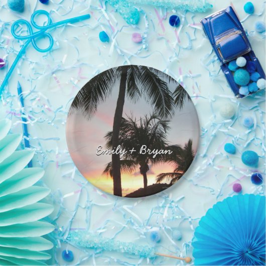 Assiettes En Carton Sunset Palms Tropical Paysage Photographie (Fête)