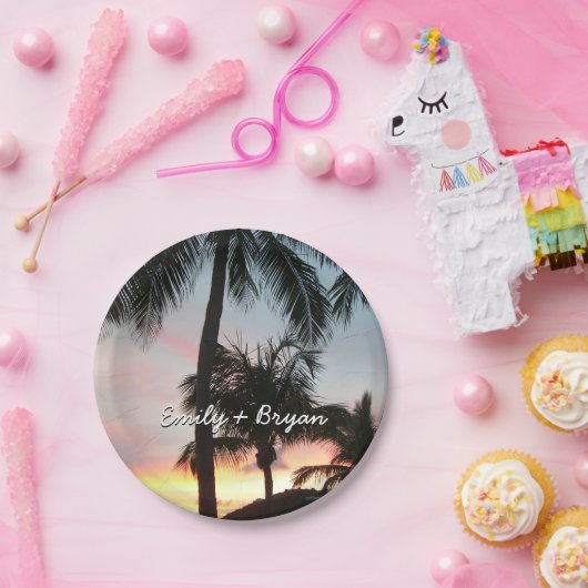 Assiettes En Carton Sunset Palms Tropical Paysage Photographie (Fête)