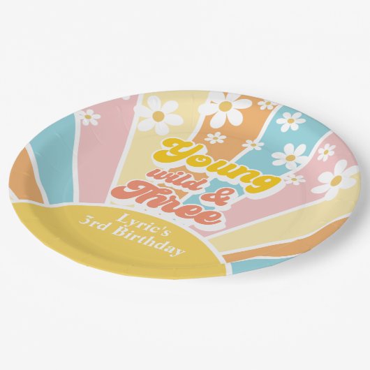 Assiettes En Carton Sunshine Retro daisy 3e anniversaire (Angle)