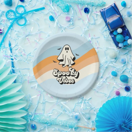Assiettes En Carton super Ghost retro Halloween Éffrayant Vibes Bleues (Fête)