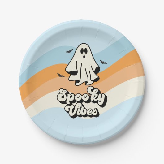 Assiettes En Carton super Ghost retro Halloween Éffrayant Vibes Bleues (Devant)