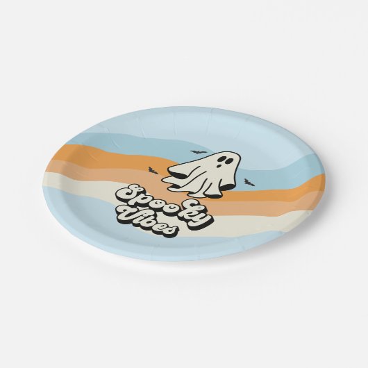 Assiettes En Carton super Ghost retro Halloween Éffrayant Vibes Bleues (Angle)