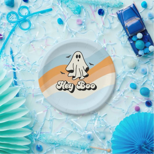 Assiettes En Carton super Ghost retro Halloween Hey Boo Éffrayant (Fête)