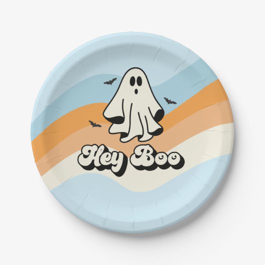 Assiettes En Carton super Ghost retro Halloween Hey Boo Éffrayant (Devant)
