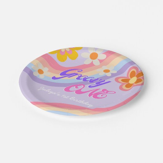 Assiettes En Carton Super One Retro Rainbow 1er anniversaire (Angle)