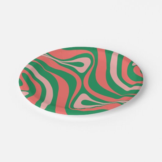 Assiettes En Carton Super rose et vert des tourbillons de Noël rétro (Angle)