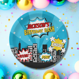 Assiettes En Carton Superhero Comic Style de livre Garçon Anniversaire