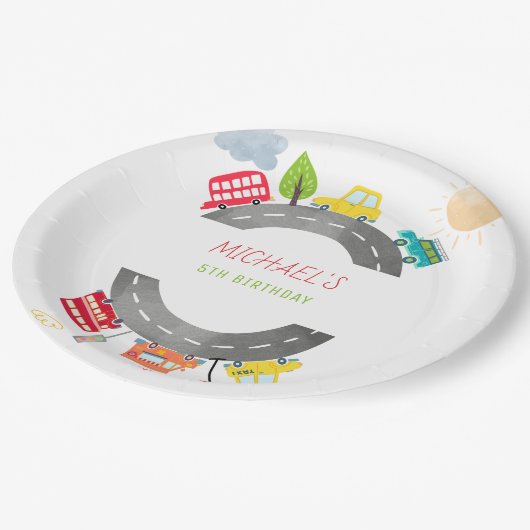 Assiettes En Carton Sur la route joyeuse véhicules garçon anniversaire (Angle)