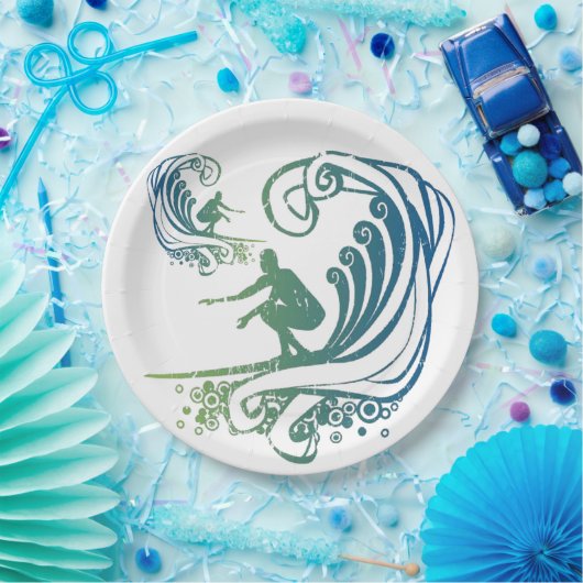 Assiettes En Carton Surfer cool Riding Turquoise Blue Ocean Waves (Fête)
