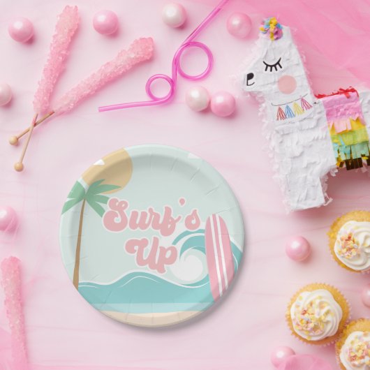 Assiettes En Carton Surfs Up Pink Beach Plaques de papier d'anniversai (Fête)