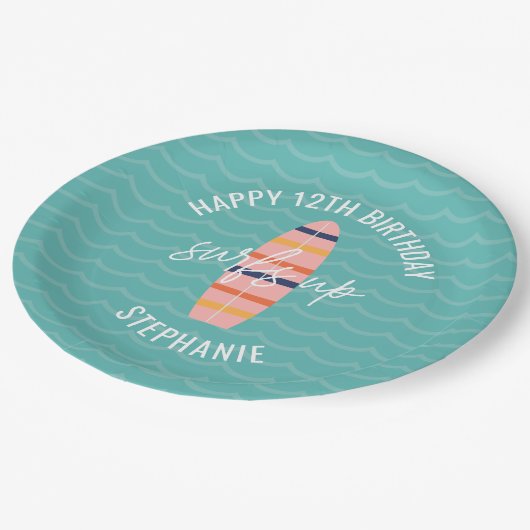 Assiettes En Carton Surfs Up Pink surboard Anniversaire (Angle)