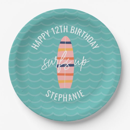 Assiettes En Carton Surfs Up Pink surboard Anniversaire (Devant)