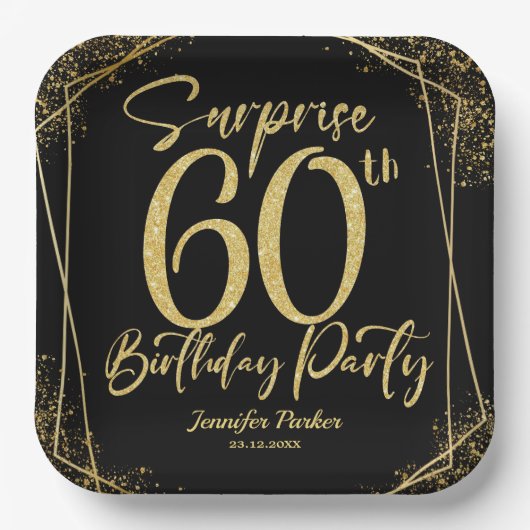 Assiettes En Carton Surprise 60e fête d'anniversaire Black & Gold Part (Recto)