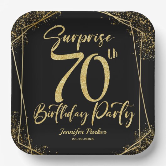 Assiettes En Carton Surprise 70e fête d'anniversaire Black & Gold Part (Recto)