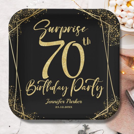 Assiettes En Carton Surprise 70e fête d'anniversaire Black & Gold Part