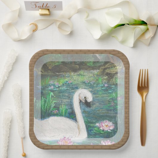 Assiettes En Carton Swan et Lilies (Carré) (Mariage)