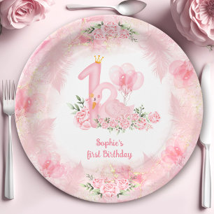 Assiettes En Carton Swan Soft Floral Rose Rose Blanc fille 1er anniver
