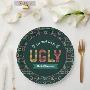 Assiettes En Carton Sweat de Noël moche vert Nordic Knit Votre nom