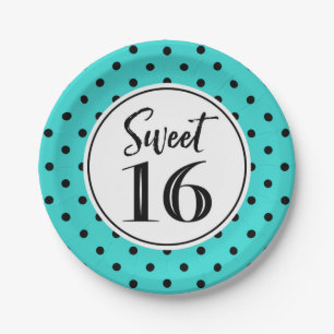 Assiettes En Carton Sweet 16 Anniversaire de fête Turquoise blanc poin