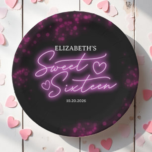 Assiettes En Carton Sweet 16 Anniversaire Hot rose Neon Fête Foncé