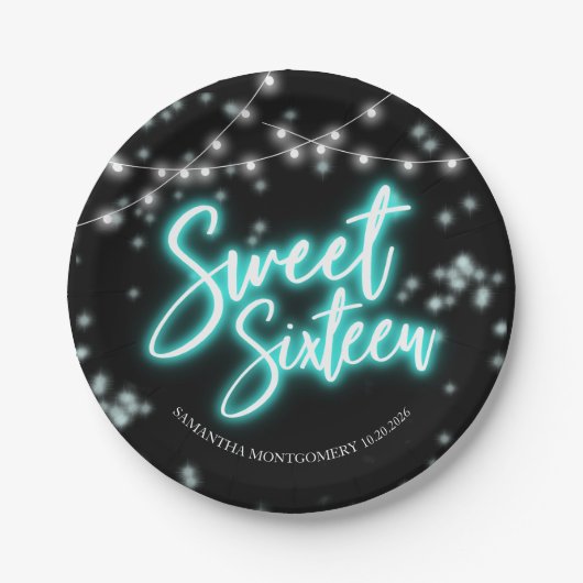 Assiettes En Carton Sweet 16 Anniversaire Turquoise Neon Glow Dark Par (Devant)