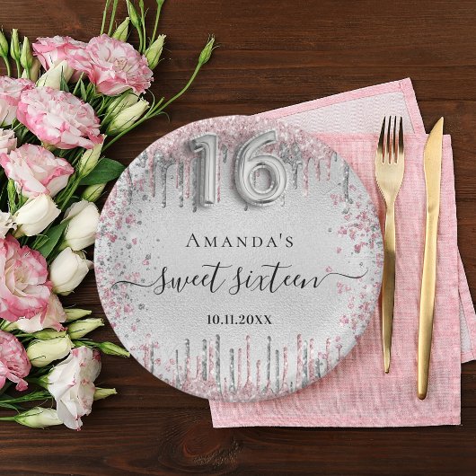 Assiettes En Carton Sweet 16 ans argent rose métal parties scintillant