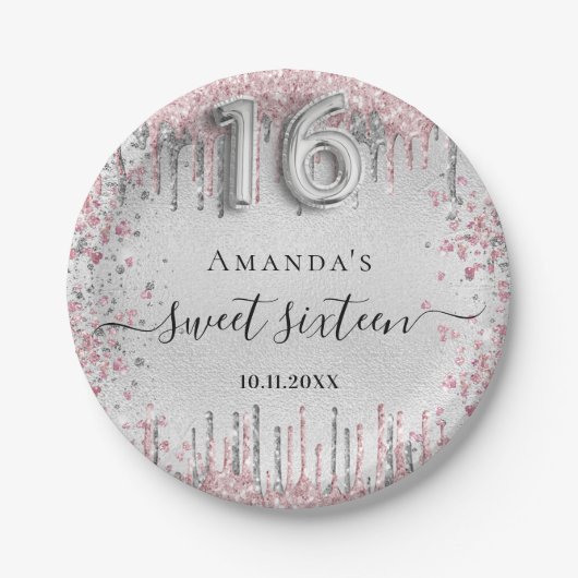 Assiettes En Carton Sweet 16 ans argent rose métal parties scintillant (Devant)