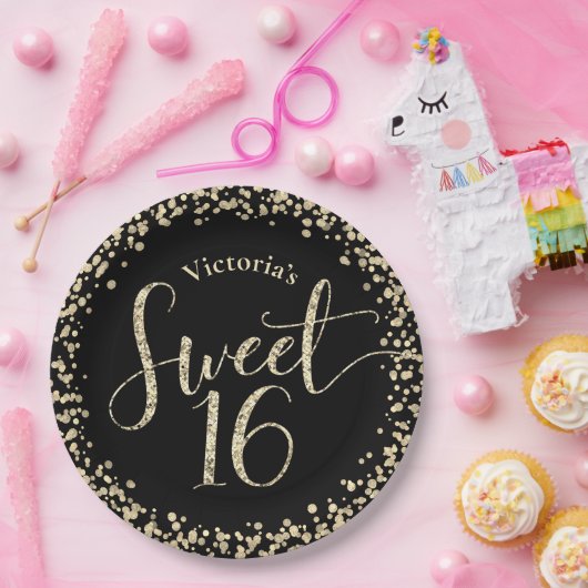 Assiettes En Carton Sweet 16 Black Gold Parties scintillant Confetti C (Fête)