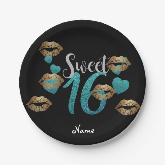 Assiettes En Carton Sweet 16 Black Turquoise Gold Parties scintillant  (Devant)