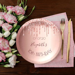 Assiettes En Carton Sweet 16 brush rose or drips nom