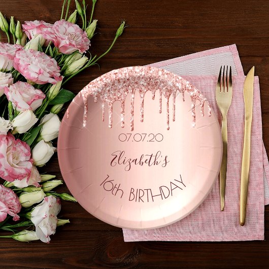 Assiettes En Carton Sweet 16 brush rose or drips nom