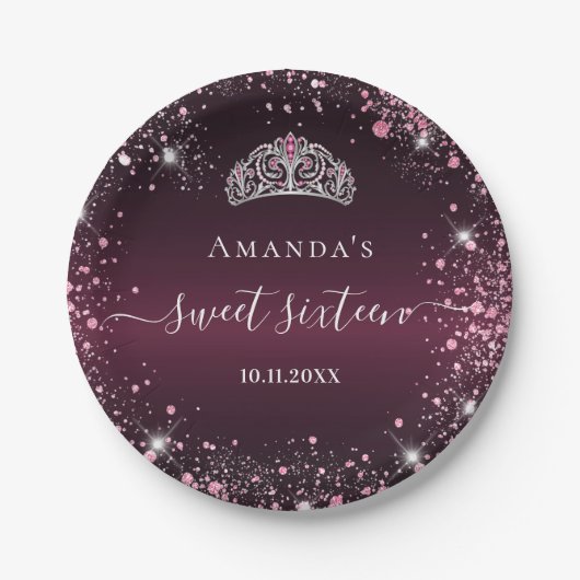 Assiettes En Carton Sweet 16 burgundy rose tiara nom script (Devant)