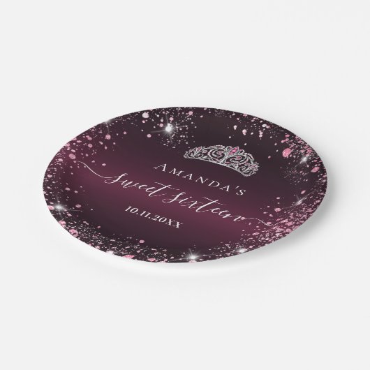 Assiettes En Carton Sweet 16 burgundy rose tiara nom script (Angle)
