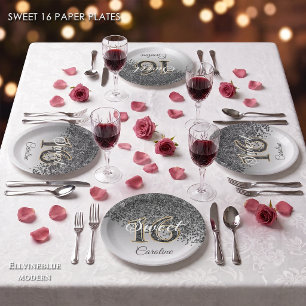 Assiettes En Carton Sweet 16 Chute Noir Pailleté & Monogramme