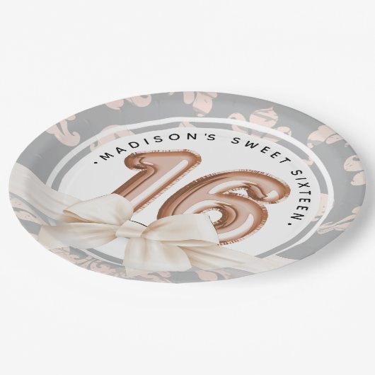 Assiettes En Carton Sweet 16 Damask Rose or Ballons Anniversaire (Angle)